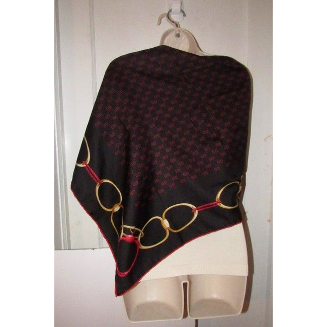 Gucci Black Gold Red Logo Xl And Equestrian Print Silk Scarf