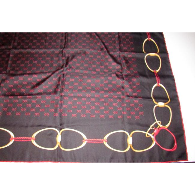Gucci Black Gold Red Logo Xl And Equestrian Print Silk Scarf