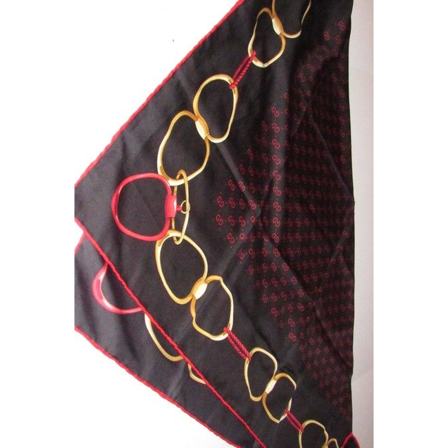 Gucci Black Gold Red Logo Xl And Equestrian Print Silk Scarf