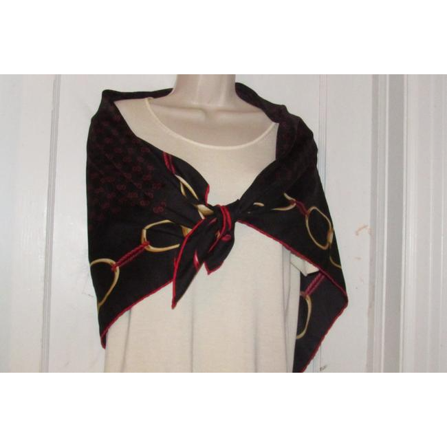 Gucci Black Gold Red Logo Xl And Equestrian Print Silk Scarf