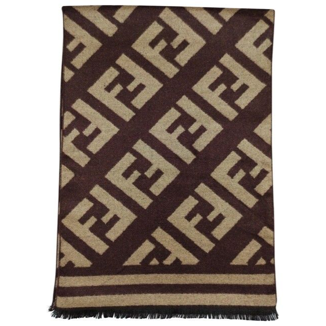 Fendi Brown Tan Zucca Print Logo Cashmere Scarf